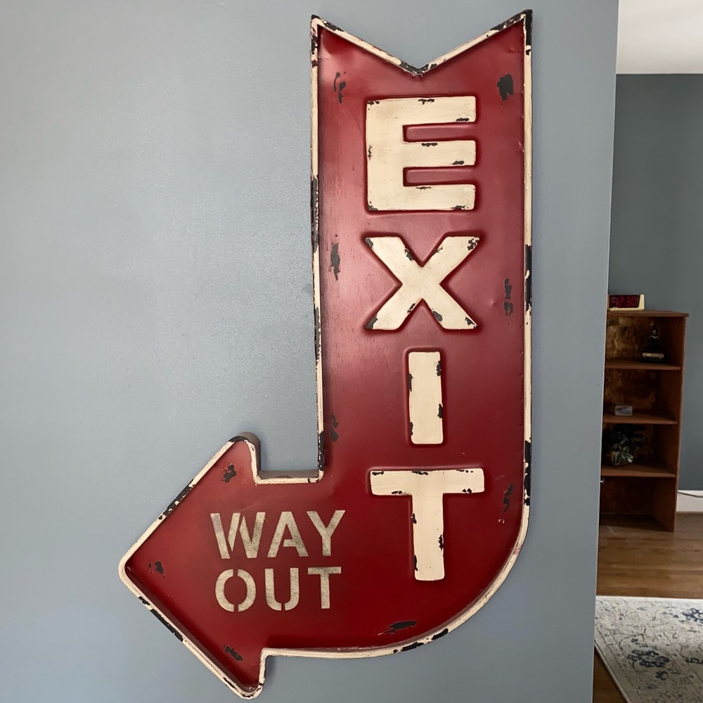 EXTRA LARGE EXIT WAY OUT ARROW POINTING EMBOSSED METAL SIGN VINTAGE PATINA LOOK